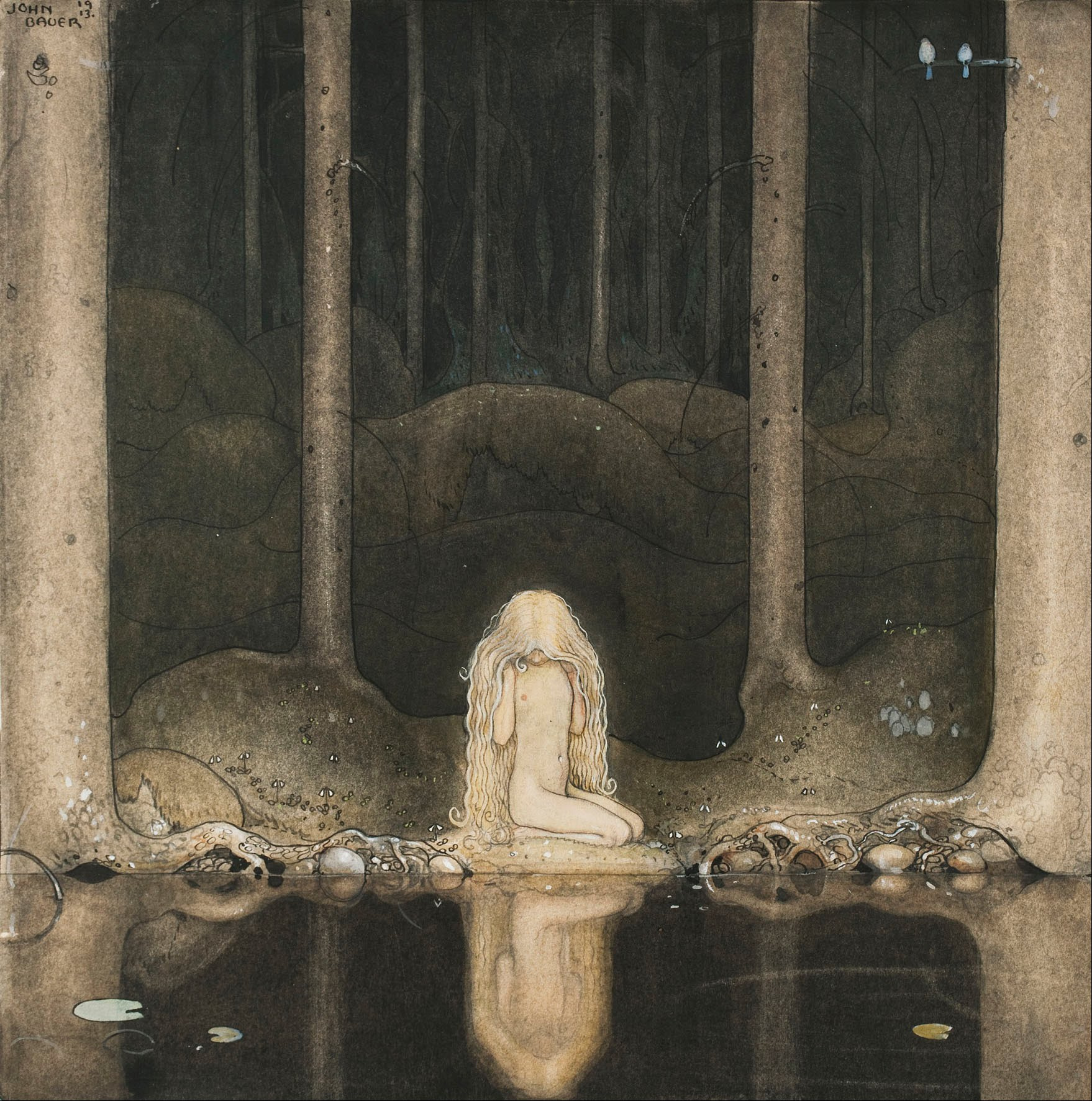 John Bauer - Princess Tuvstarr Gazing Down Into The Dark Waters Of The Forest Tarn