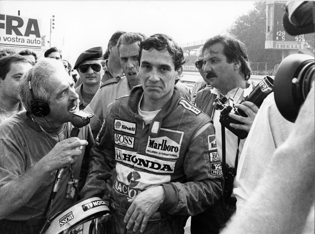 Ayrton Senna, McLaren, interviewed by Ezio Zermiani.