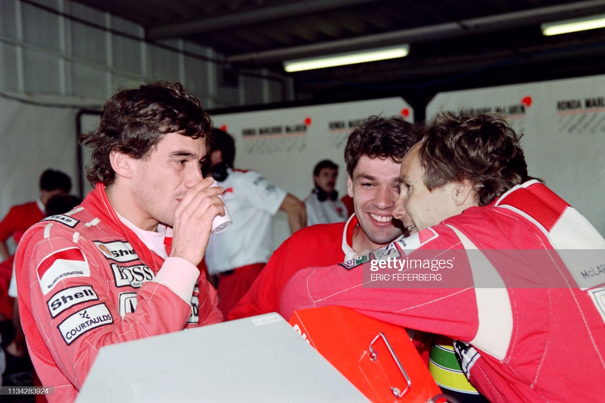 Ayrton Senna and Gerhard Berger at Silverstone on July 12, 1991. Photo by Getty Images.
