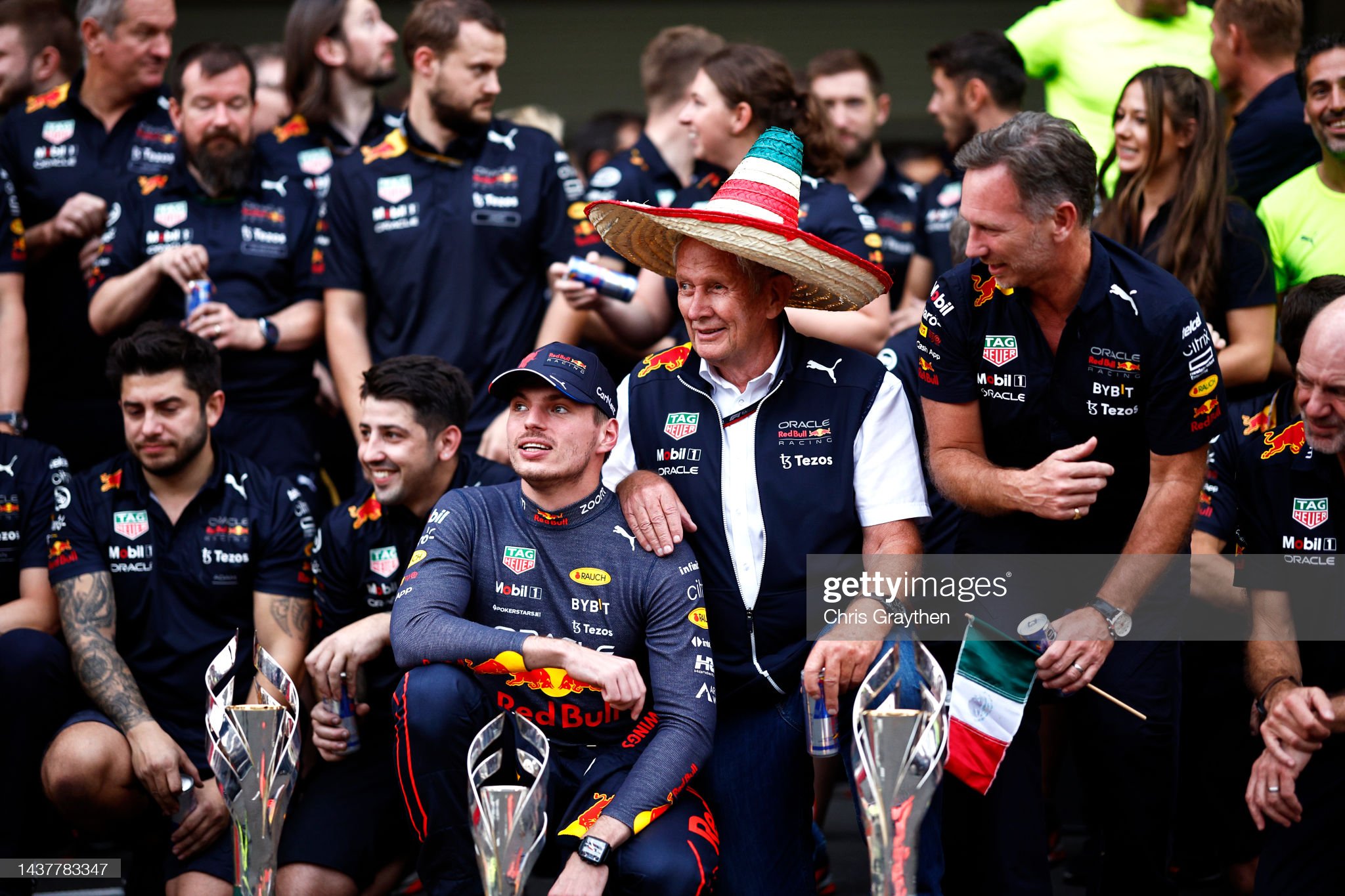 Race winner Max Verstappen and the Red Bull Racing team celebrate after the F1 Grand Prix.
