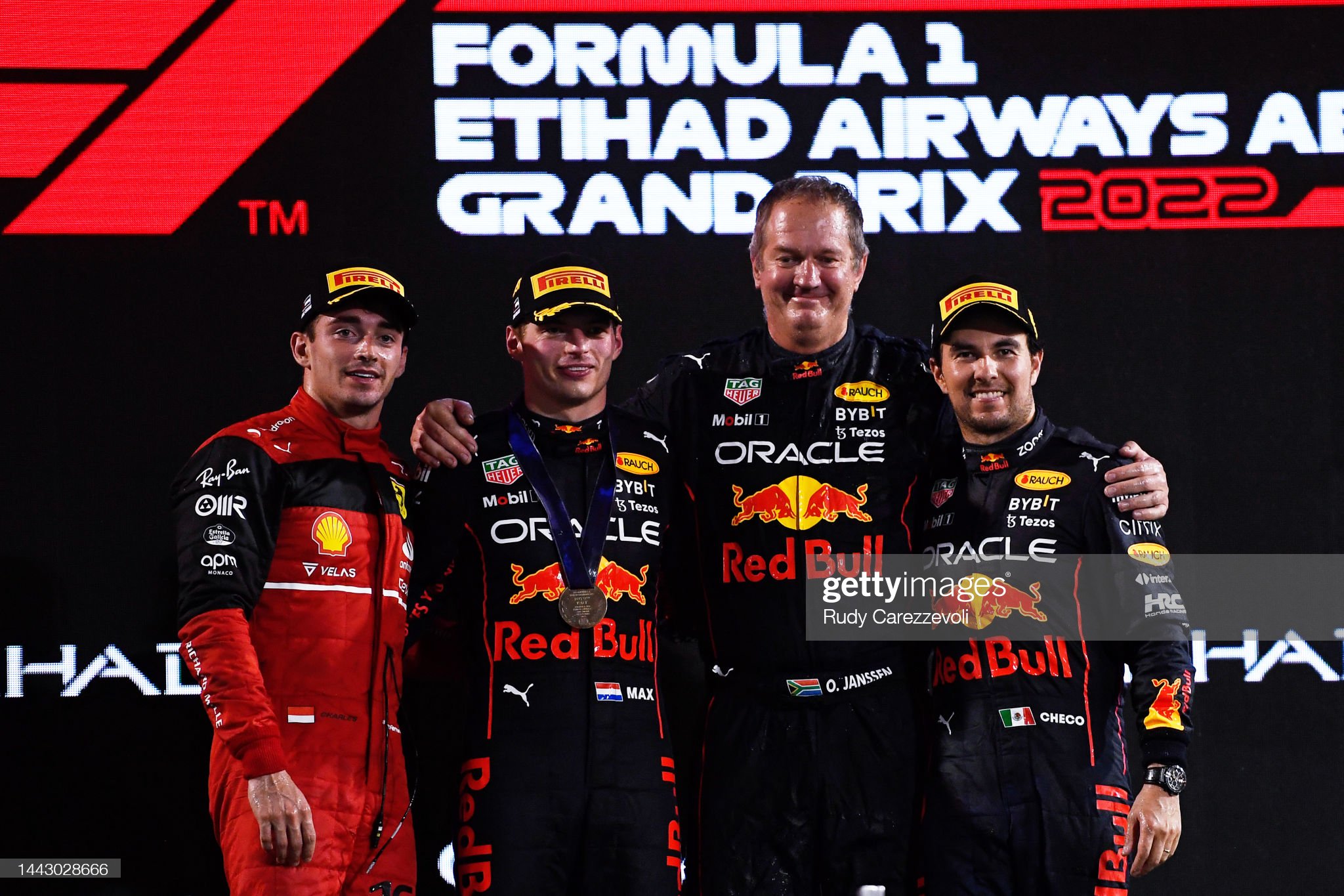 Race winner Max Verstappen of the Netherlands and Red Bull Racing, second placed Charles Leclerc of Monaco and Ferrari, Olaf Janssen, Red Bull Racing Team Member and third placed Sergio Perez of Mexico and Red Bull Racing celebrate on the podium.