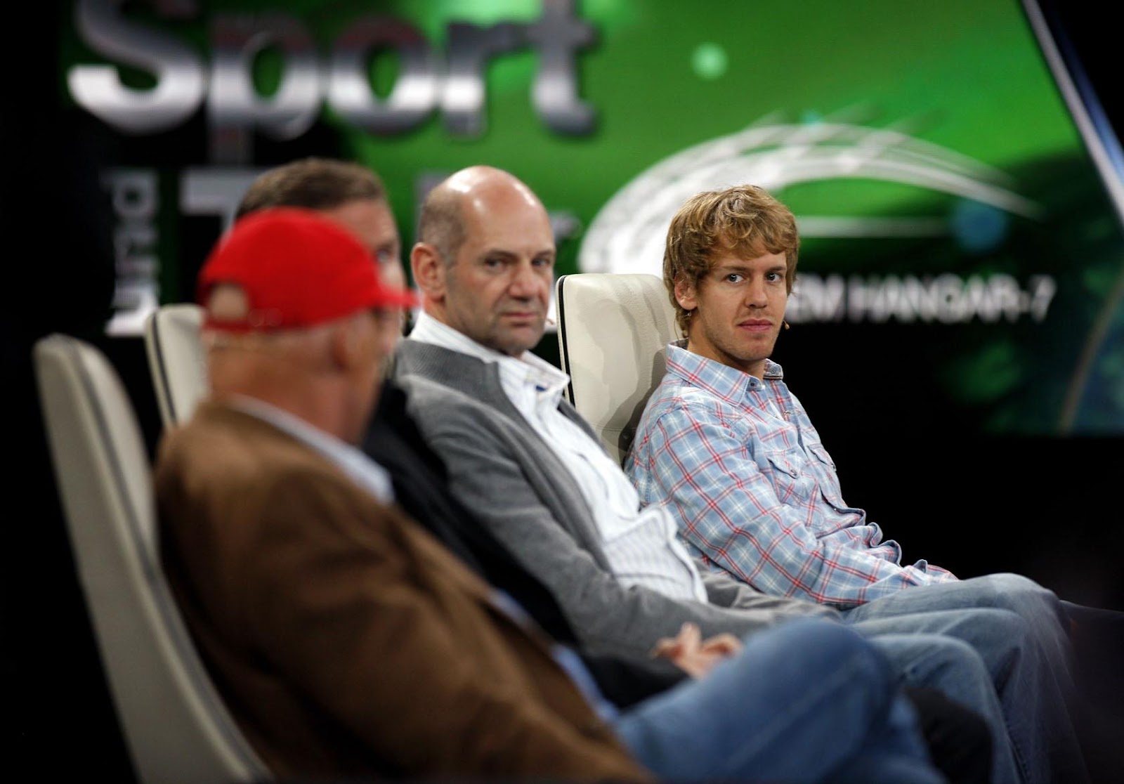 Adrian Newey with Niki Lauda and Sebastian Vettel.