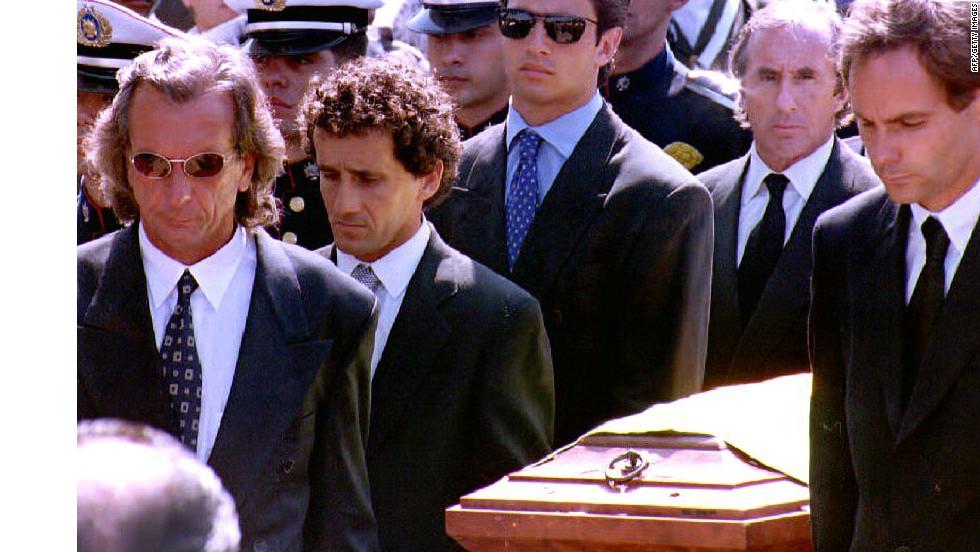 Alain Prost at the funeral of Ayrton Senna.