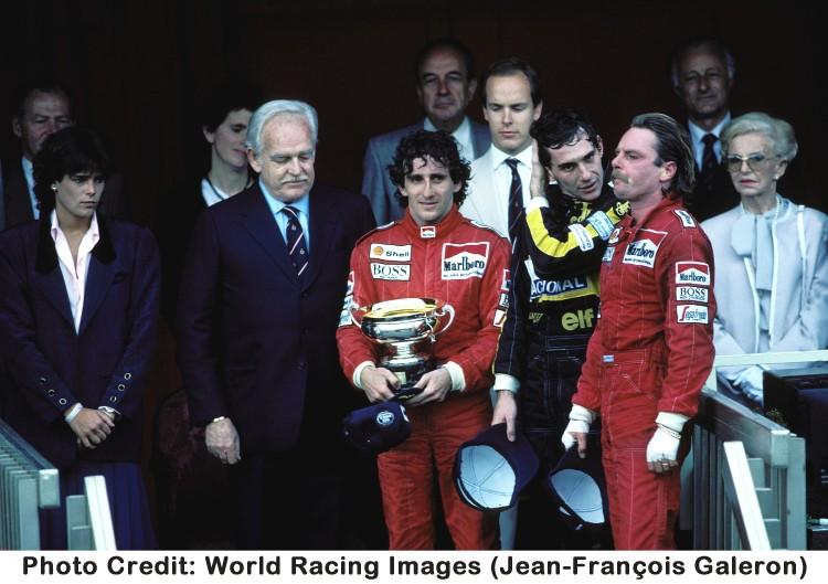 Alain Prost at Monaco with Keke Rosberg and Prince Ranieri III.