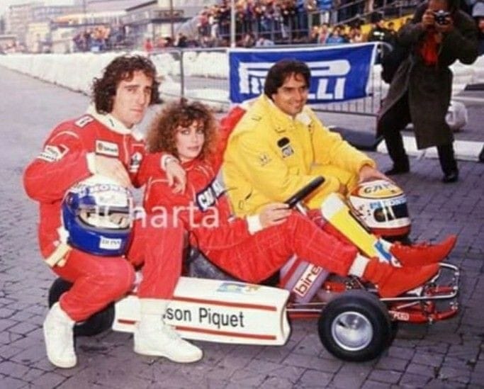 Alain Prost, Kelly Le Brock and Nelson Piquet in Milan in 1988.