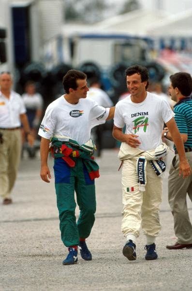 Nannini, left, shares a joke with Riccardo Patrese. Spanish GP, Jerez, Spain, 1 October 1989.