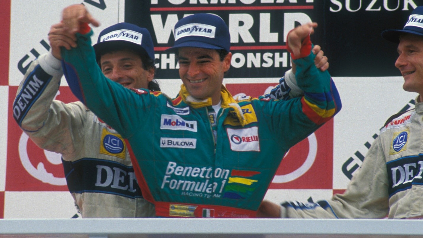 Nannini celebrates a victory on the 1989 Japanese Grand Prix podium. It would be his only F1 win. 
