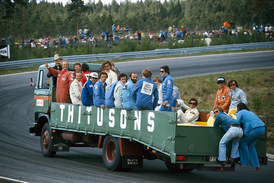 Drivers parade at Anderstorp in 1974.