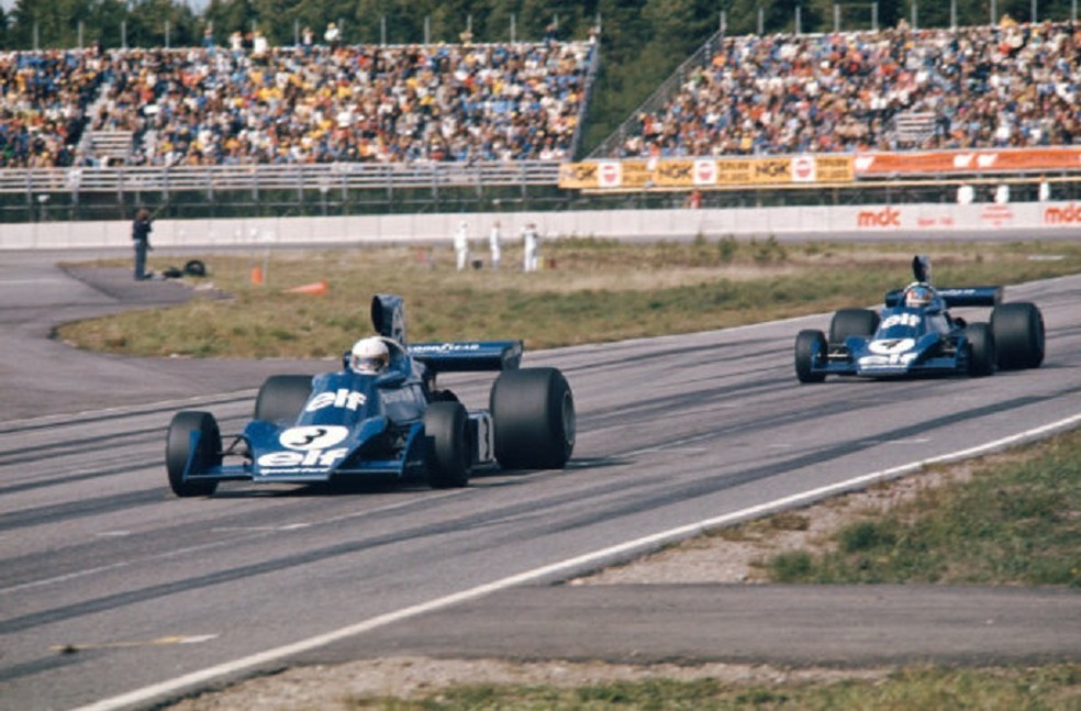 Scheckter leads Depailler in a double for Tyrrell at the 1974 Swedish Grand Prix. 