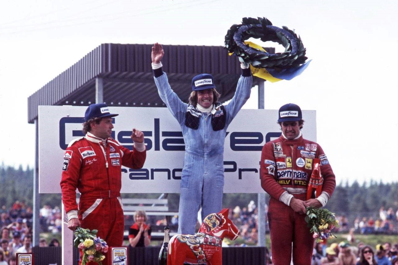 Podium of the Swedish Grand Prix at Anderstorp in 1977. 1st Jacques Lafitte (Ligier-Matra), 2nd Jochen Mass (McLaren-Ford), 3rd Carlos Reutemann (Ferrari). 