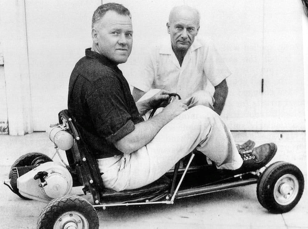 Art Ingels, (left) and Lou Borelli with the very first go-kart outside Ingels’ garage in Echo Park.
