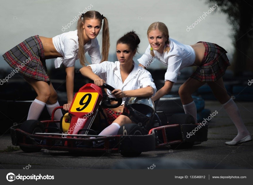 Girls play in karting. 