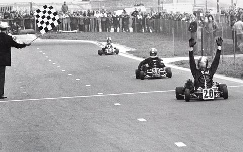Fullerton celebrates as he crosses the finish line to win the 1973 Karting World Championship in Belgium.