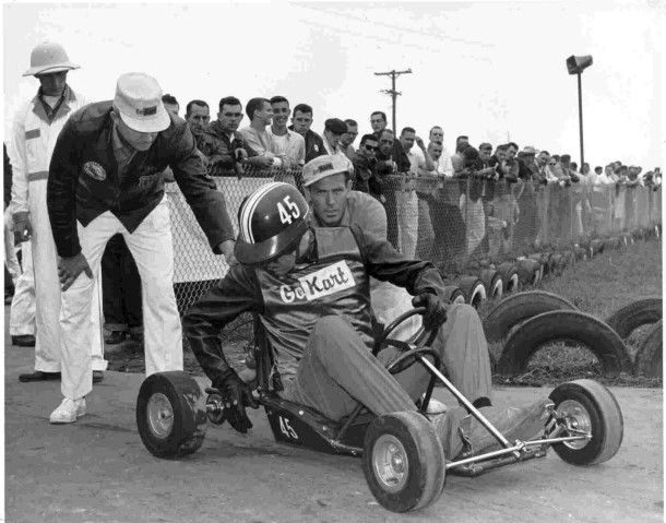 On the left is Duffy Livingstone. On the right is Tex Bell, one of go-kart manufacturing company's class B drivers.