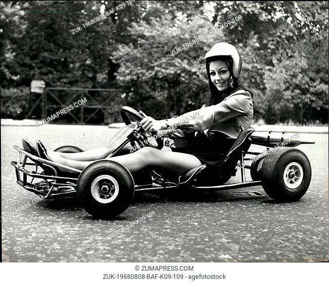 August 08, 1968 - Miss Go Kart 1968 - 22 years old Marnie Cahill, a model from Brighton, pictured in Belgrave Square today, sitting in one of the go karts which were on display at a press conference held today in connection with the final round of the 1968 World Karting Championships to be held on Sept 1st. 