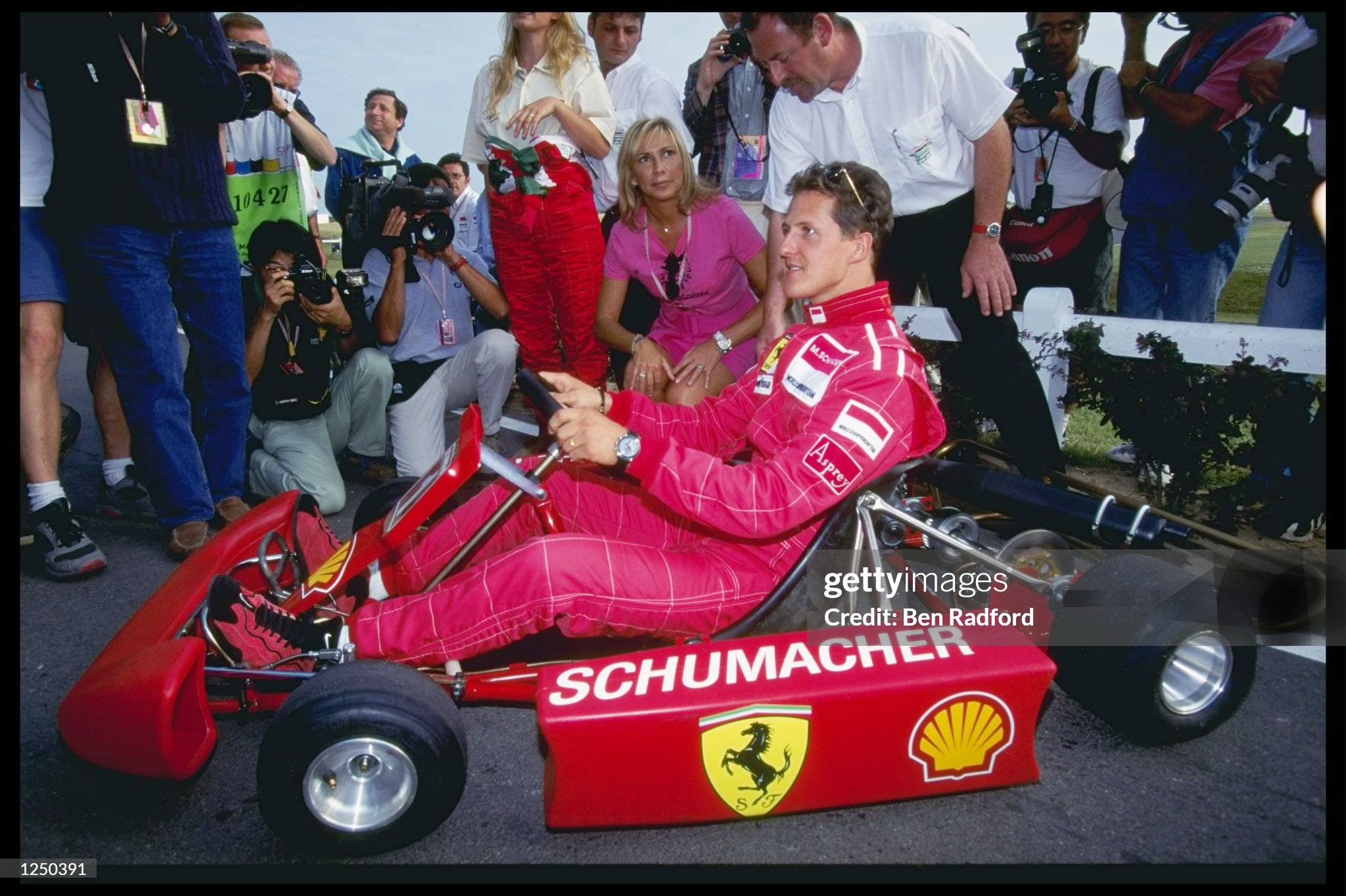 27-30 June 1996. Michael Schumacher relaxes with a spot of go-karting during the French GP in Magny Cours, France. 
