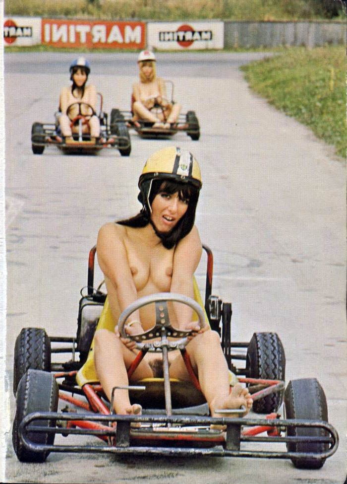 Naked girls in karts.