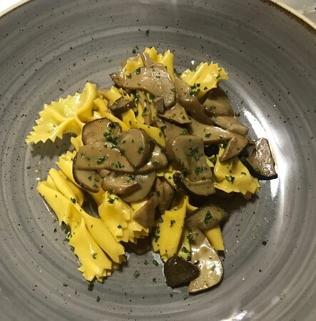 A plate of pasta with mushrooms.