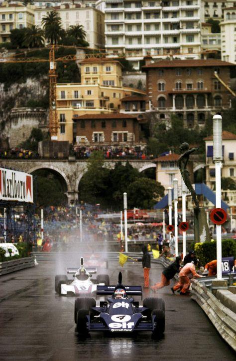 Patrick Depailler (Tyrrell Ford 007) and Carlos Pace (Brabham Ford BT44b) at 1975 Monaco GP.