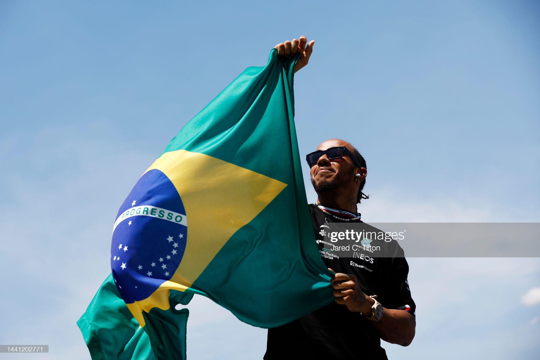 Lewis Hamilton of Great Britain and Mercedes waves to the crowd on the drivers’ parade prior to the F1 Grand Prix of Brazil.