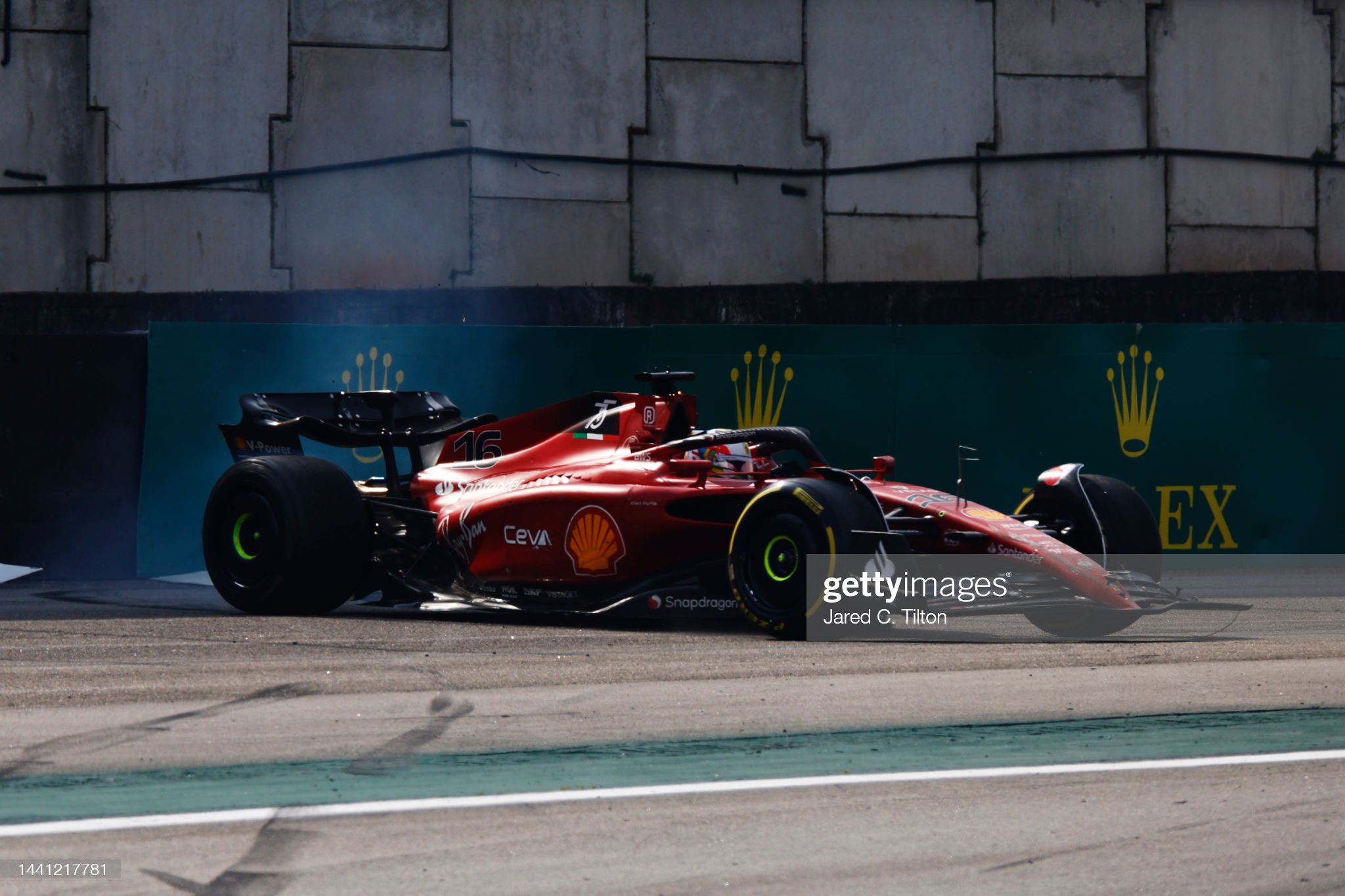 Charles Leclerc of Monaco driving the (16) Ferrari F1-75 spins during the F1 Grand Prix of Brazil.