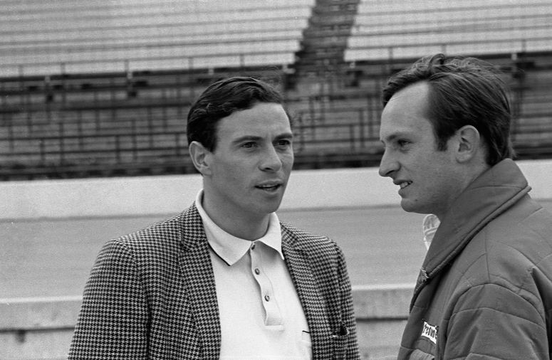 Chris Amon (right) with Jim Clark at Indianapolis in 1967. 