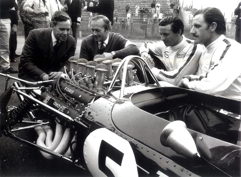 In this image Colin Chapman is with Keith Duckworth who, together with Mike Costin, would create Cosworth by joining their surnames Cos-Worth.