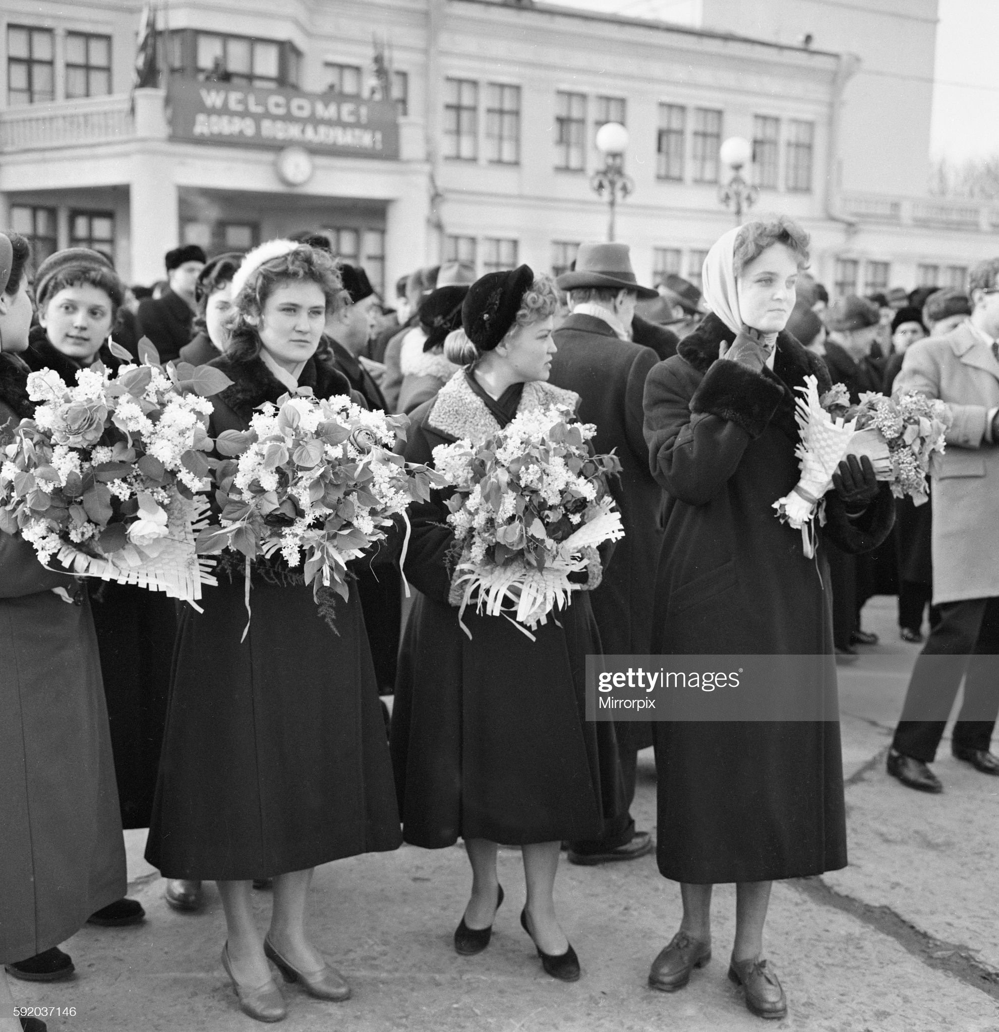 Official greeters at Moscow airport await the arrival of British Prime Minister Harold MacMillan.
