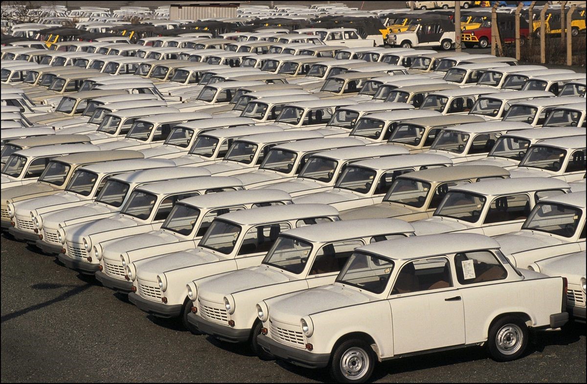 One last batch of Trabants in 1991 at the factory lot in Zwickau, Germany. 
