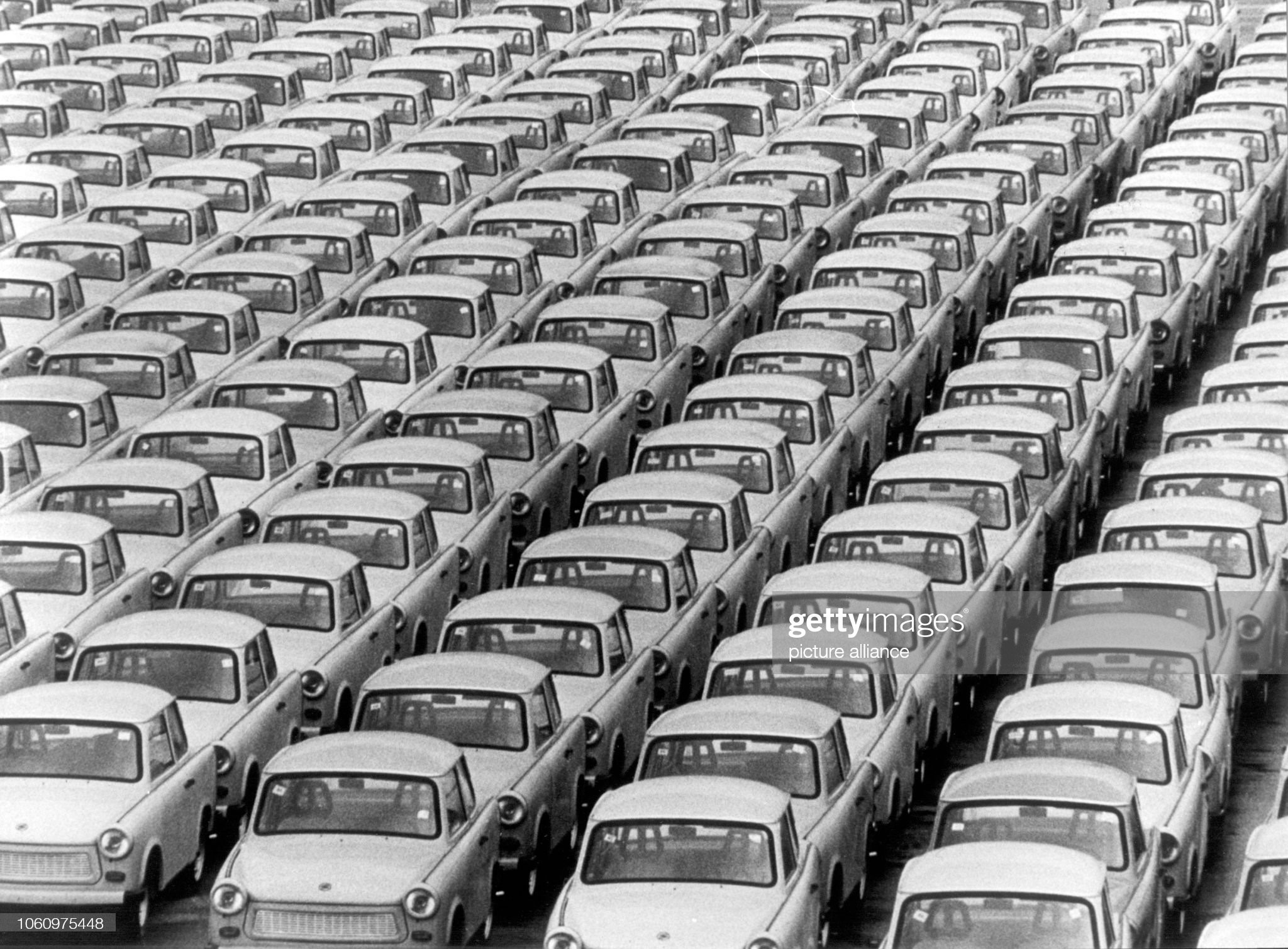 November 22, 1990. Hundreds of Trabants have been parked in a parking lot in Rostock's overseas port for months, as if ordered and not picked up. 