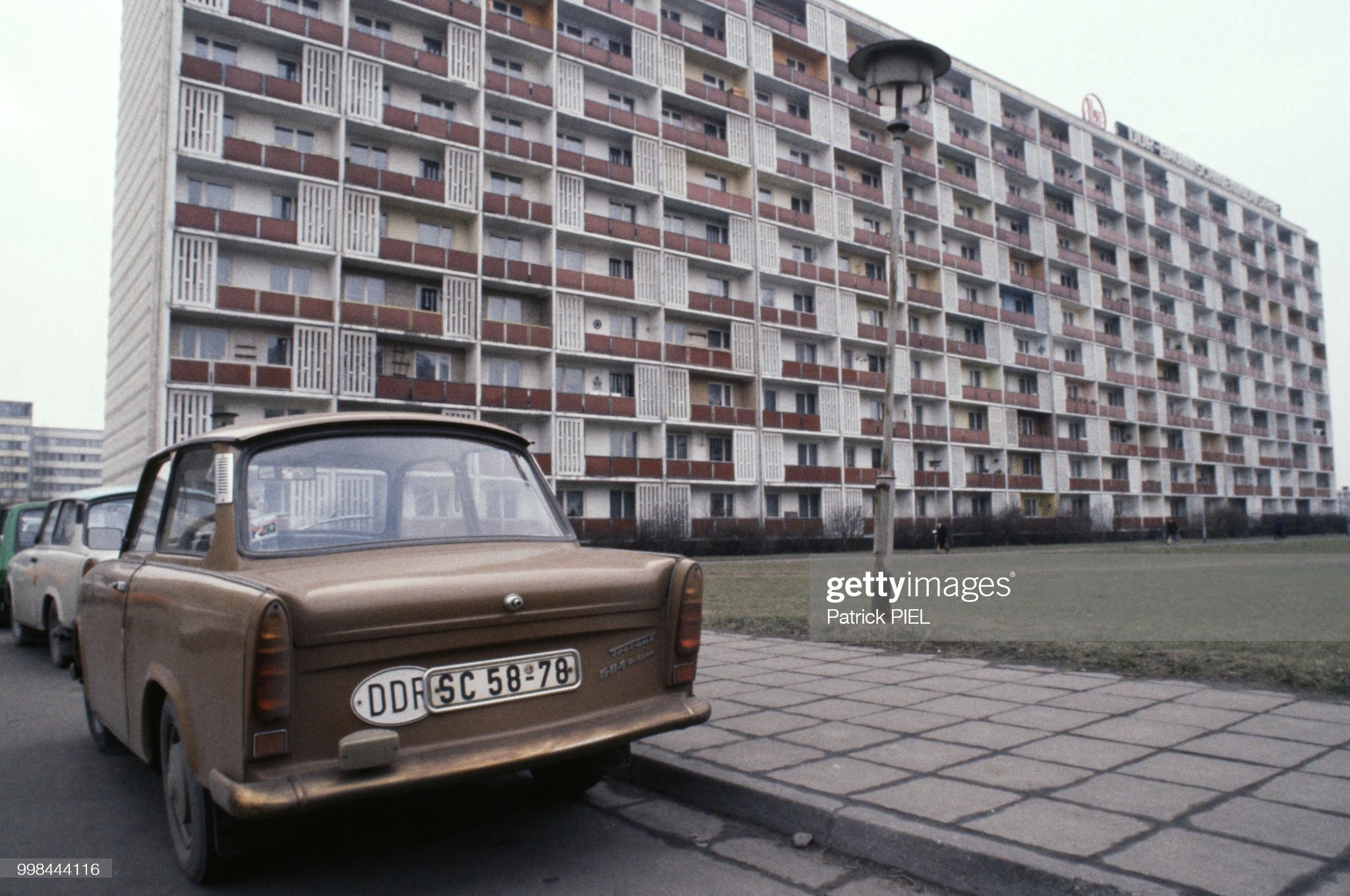 Trabants parked in front of a building in Leipzig, GDR, in March 1985.