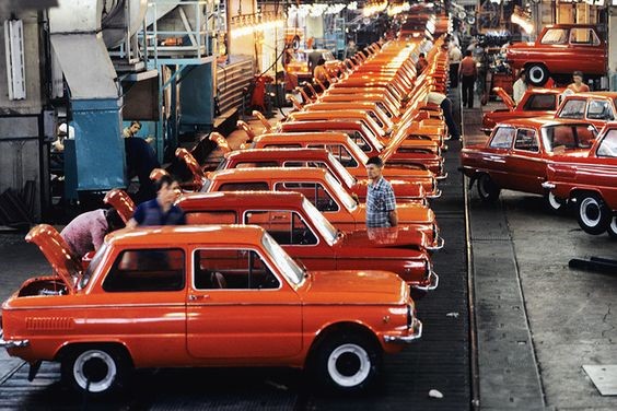 The Zaporozhets (Zaz) 968 production line in 1960s - 1970s Soviet Ukraine.