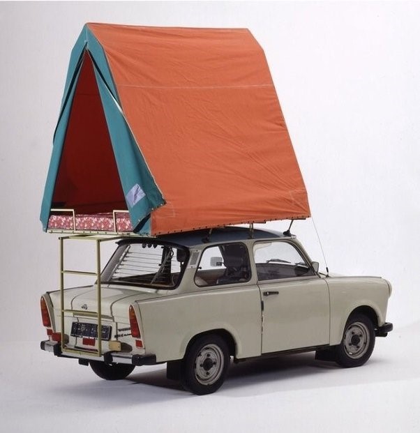 A Trabant 601 with the popular tent on the roof system. 