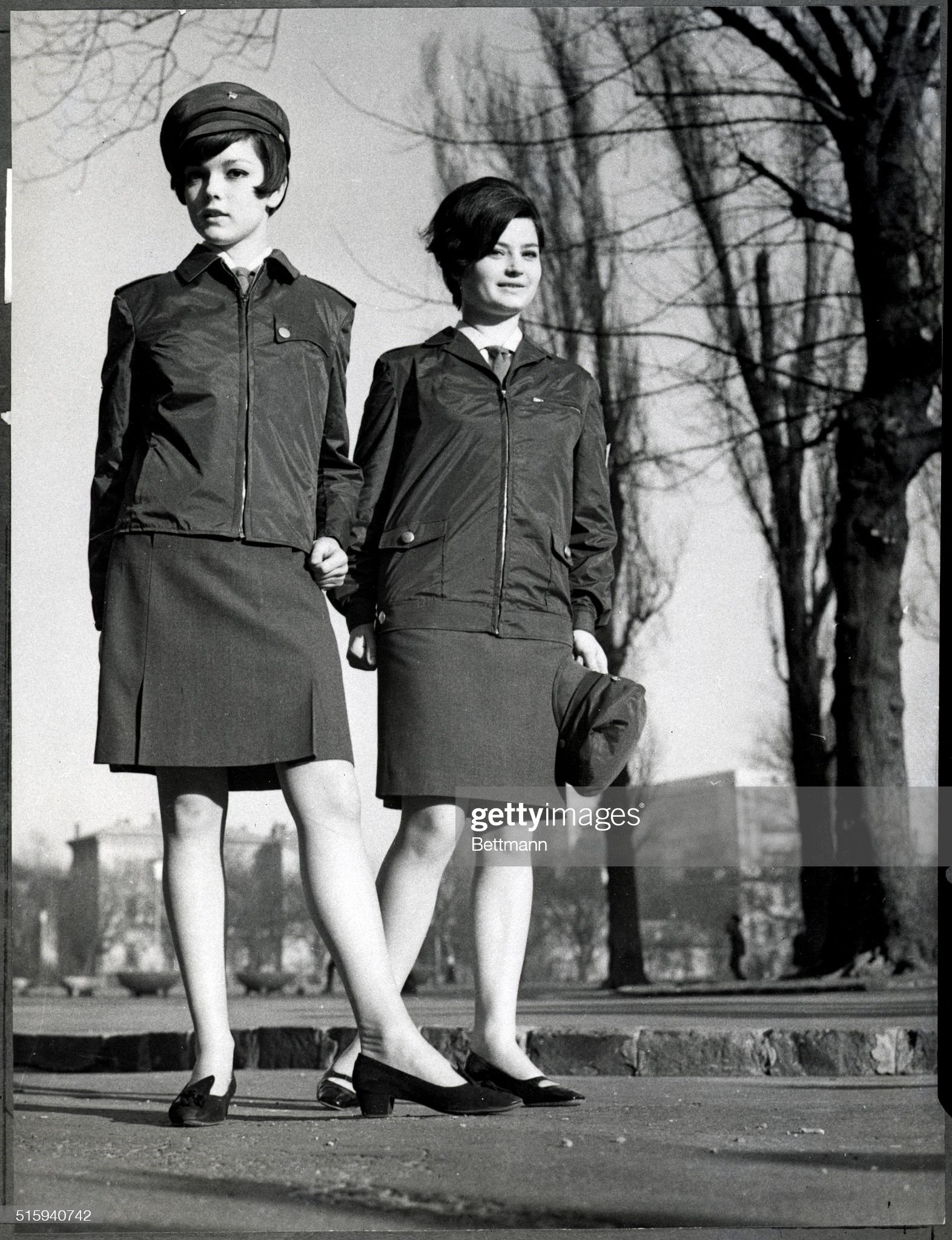 Two young women model the new Young Guard uniforms for the Hungarian Young Communist League in Budapest on March 08, 1967. 