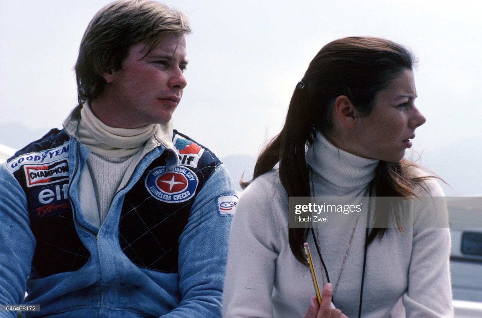 Formula 1 French Grand Prix, Paul Ricard, July 2nd, 1978. Didier Pironi and girlfriend in the pit lane, at the Tyrrell box. 