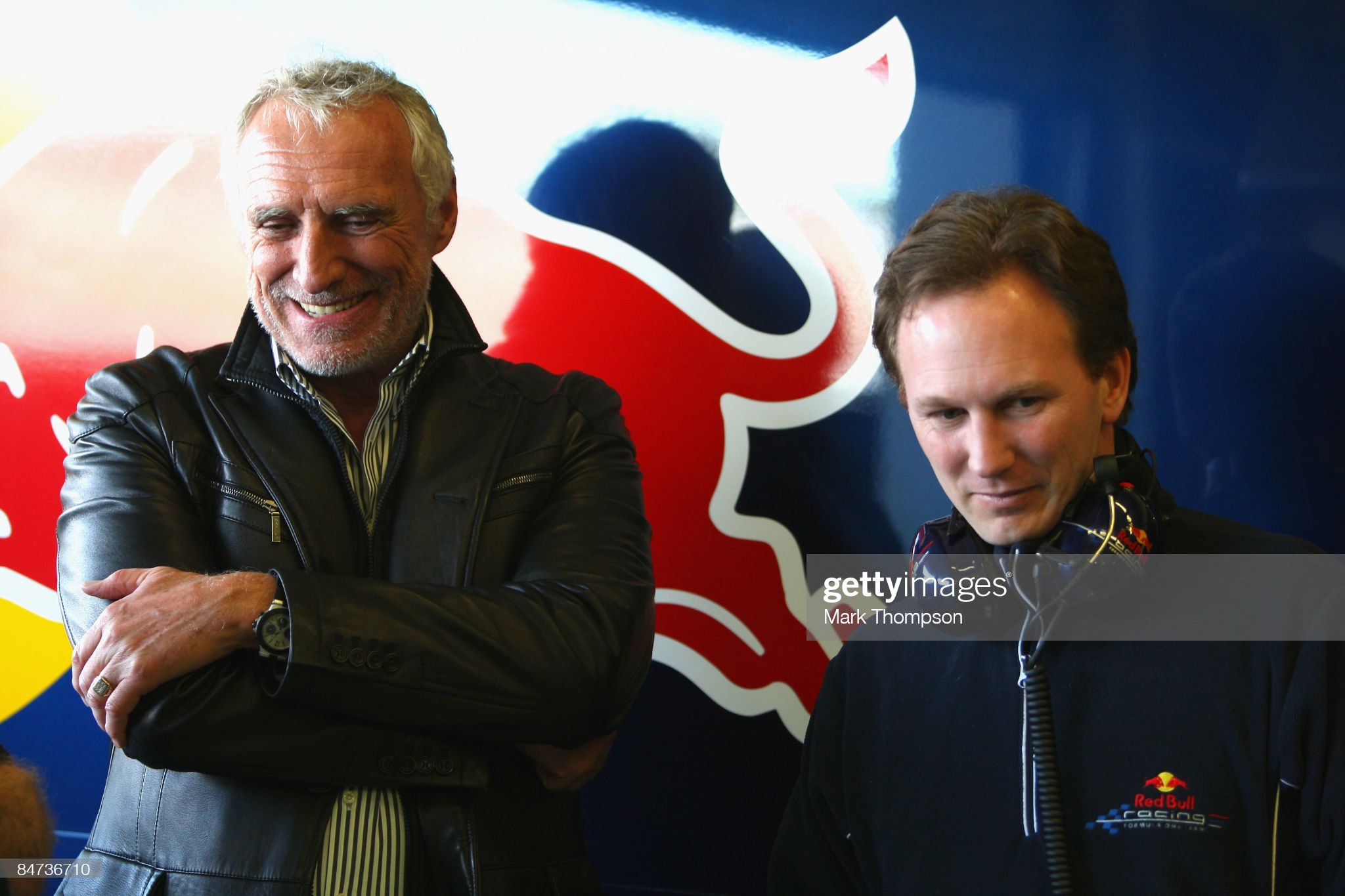 Dieter Mateschitz and team Red Bull Racing team principal Christian Horner talk in the pits.