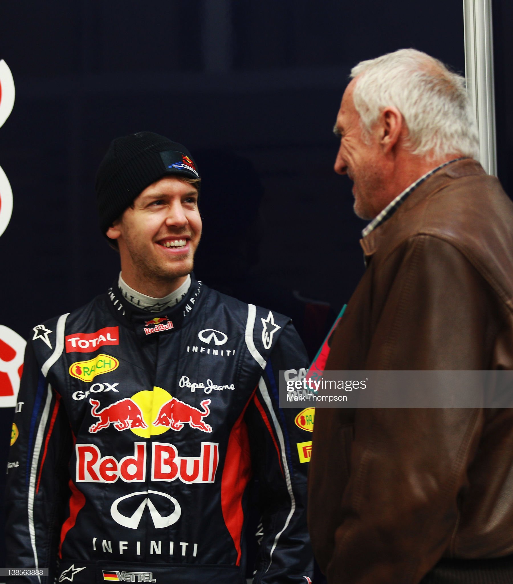 Sebastian Vettel talks with Red Bull Racing team owner Dietrich Mateschitz.