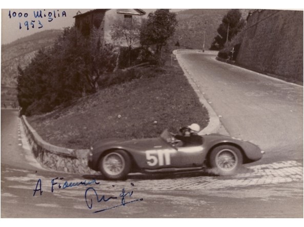 A Ferrari in action at the 1953 Mille Miglia.
