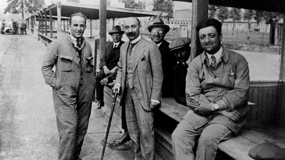 Enzo Ferrari (right) with Nicola Romeo (in the middle) and Giuseppe Morosi (left) at Monza in 1923.
