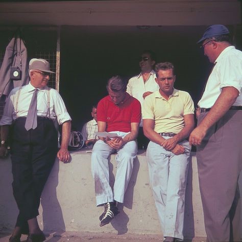 Enzo Ferrari, Wolfgang von Trips, Umberto Maglioli, Phil Hill and Carlo Chiti at the 1960 Italian GP in Monza.