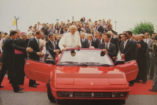 This is the only Ferrari the Pope was ever seen in. On the 4th June 1988, a truly unique visitor was welcomed in Maranello. Coming through the gates of the Ferrari factory was Pope John Paul II. On that day Karol Wojtyla was welcomed by Piero Ferrari.