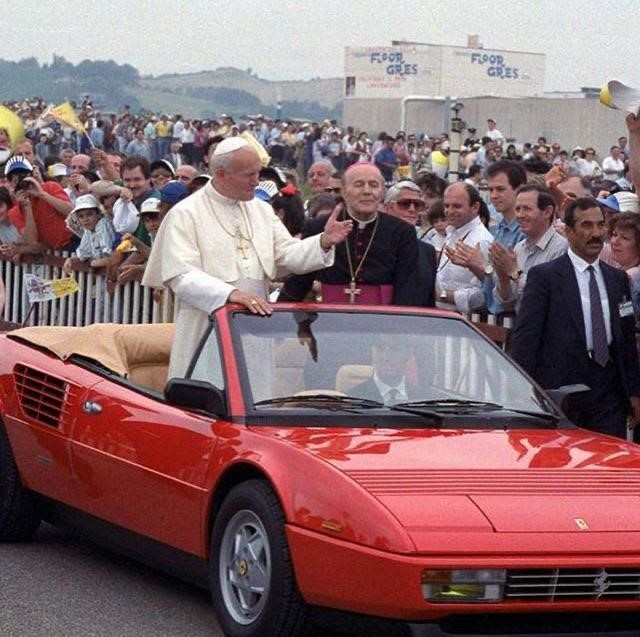 Pope John Paul II in a Ferrari Mondial Cabriolet in 1988.