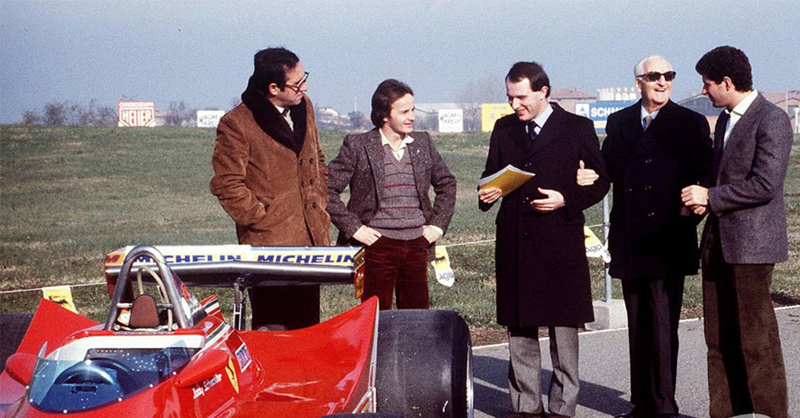 Gilles Villeneuve with Mauro Forghieri, Marco Piccinini, Enzo Ferrari and Jody Scheckter in 1980.