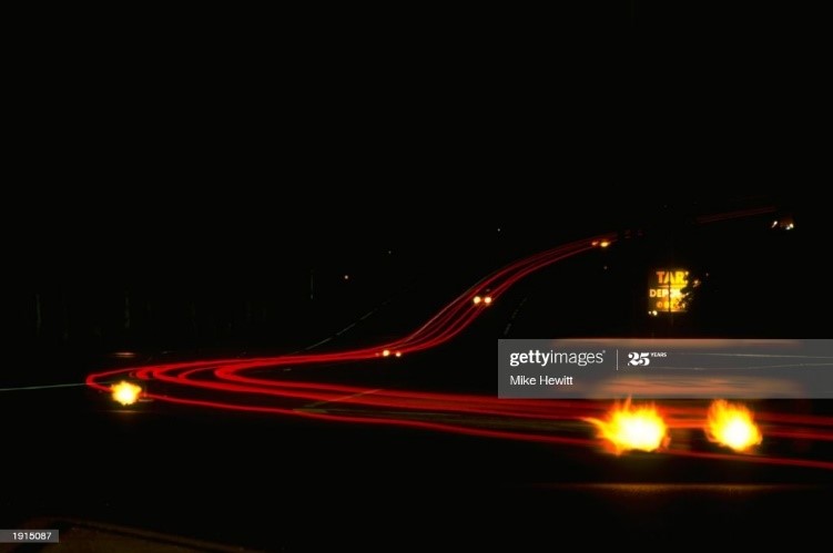 June 1997, a general view of night action at the Le Mans 24 Hours race. 