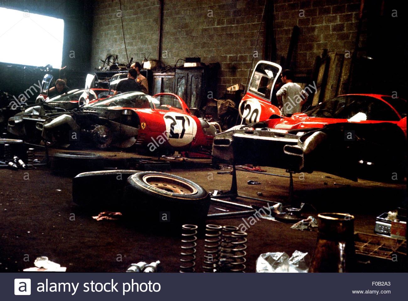 Ferraris in their garage at Le Mans.