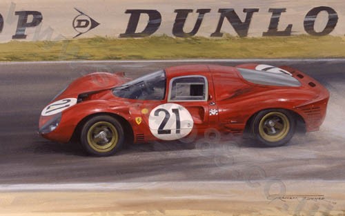 Le Mans 24 Hours race. Ludovico Scarfiotti with Mike Parkes, Ferrari 330 P4 Coupe #0858 n. 21, finished the race in second position on 11 June 1967.