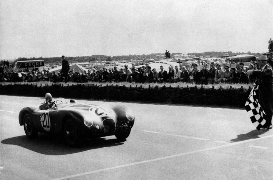 Driver Peter Whitehead finished first place at the 1951 24 Hours of Le Mans race, aboard the Jaguar C-type car. 