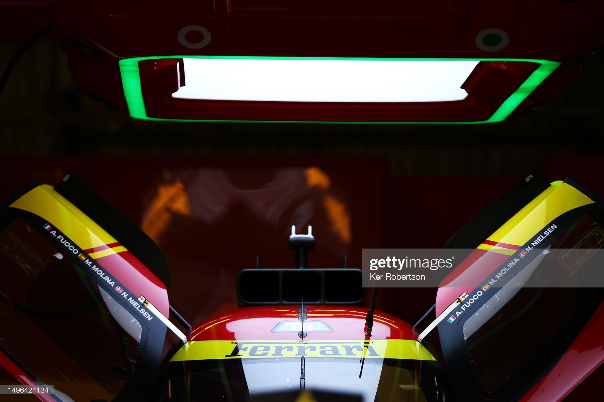The Ferrari 499P AF Corse of Antonio Fuoco, Miguel Molina and Nicklas Nielsen sits in its team garage during previews to the 100th Anniversary Le Mans 24 Hours race at the Circuit de la Sarthe on June 06, 2023 in Le Mans, France. 