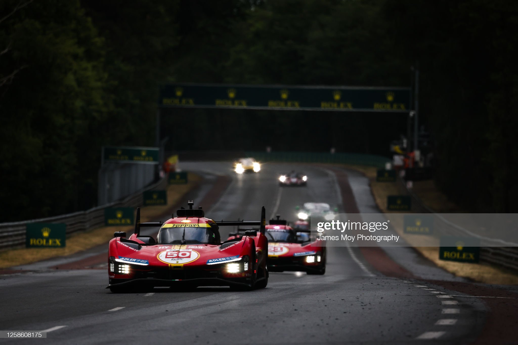 The n. 50 Ferrari 499P of Antonio Fuoco, Miguel Molina and Nicklas Nielsen in action during the 100th anniversary of the 24 Hours of Le Mans at the Circuit de la Sarthe on June 10, 2023 in Le Mans, France. 