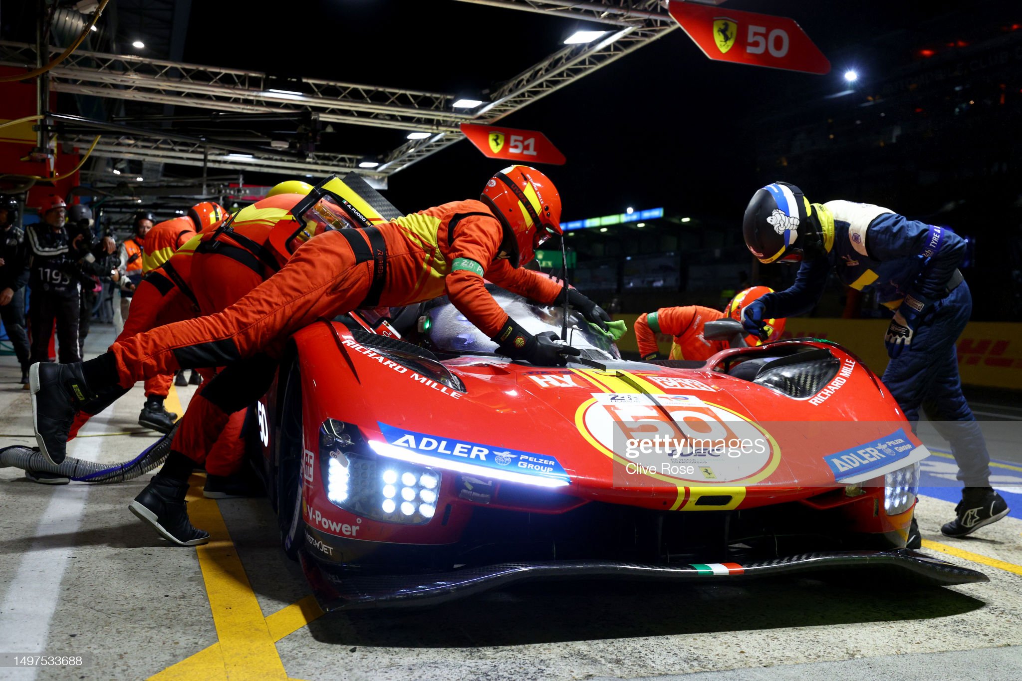 The n. 50 Ferrari 499P of Antonio Fuoco, Miguel Molina and Nicklas Nielsen makes a pitstop during the 100th anniversary of the 24 Hours of Le Mans at the Circuit de la Sarthe on June 11, 2023 in Le Mans, France. 
